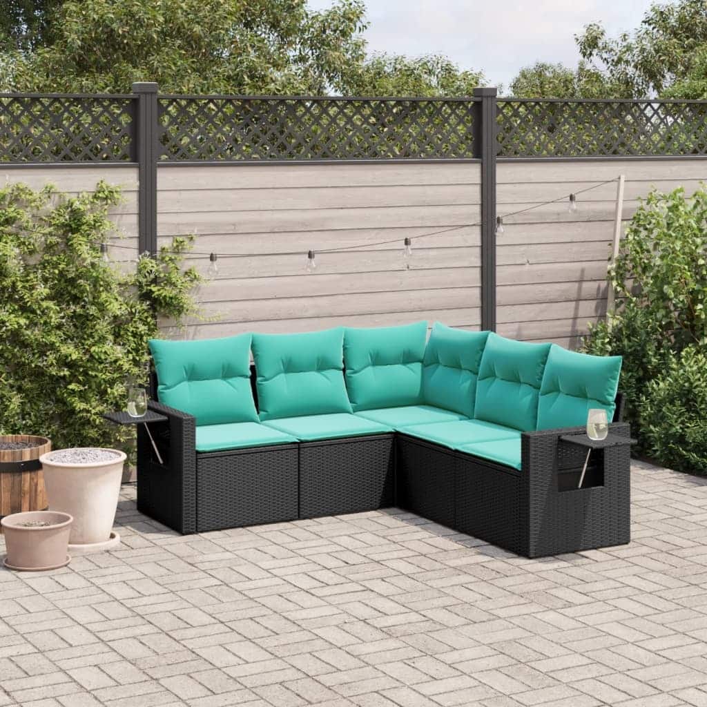 vidaXL 5 Piece Patio Sofa Set with Cushions Black Poly Rattan