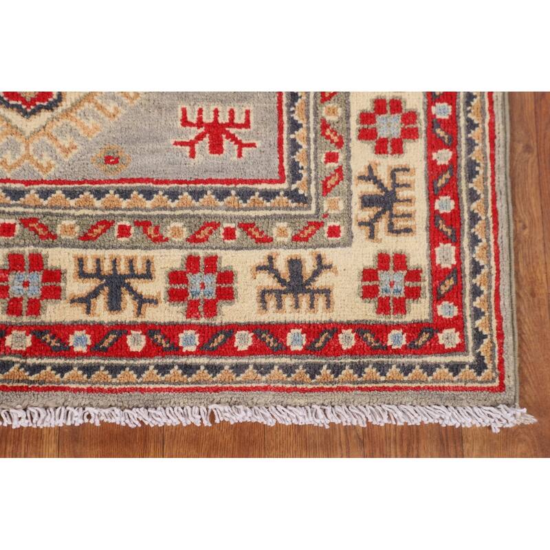 Gray Geometric Kazak Accent Rug Hand-Knotted Wool Carpet - 2'8" x 4'1"