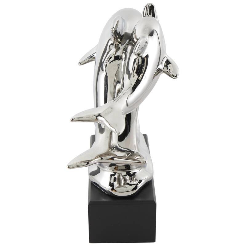 Ceramic Animal Decorative Sculpture with Black Block Base - Silver - Roche River Decor