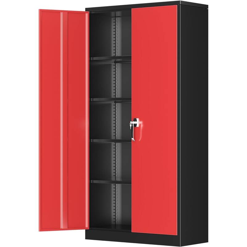 71'' H x 32'' W Metal Garage Storage Cabinet with Locking Doors and Adjustable Shelves - BlackRed