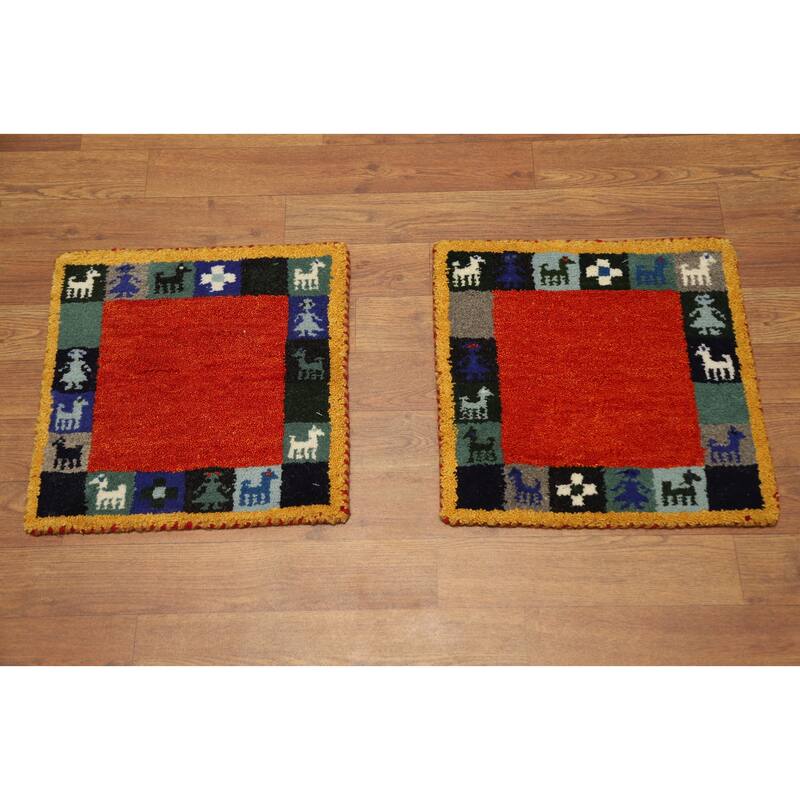 Hand Knotted Oriental 100% Wool Carpet Tribal Animal Pictorial Red Gabbeh Area Rug - 1' 4'' X 1' 4''