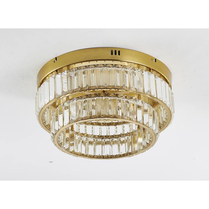 2-Light Brass Dimmable LED Flush Mount With Clear Crystals