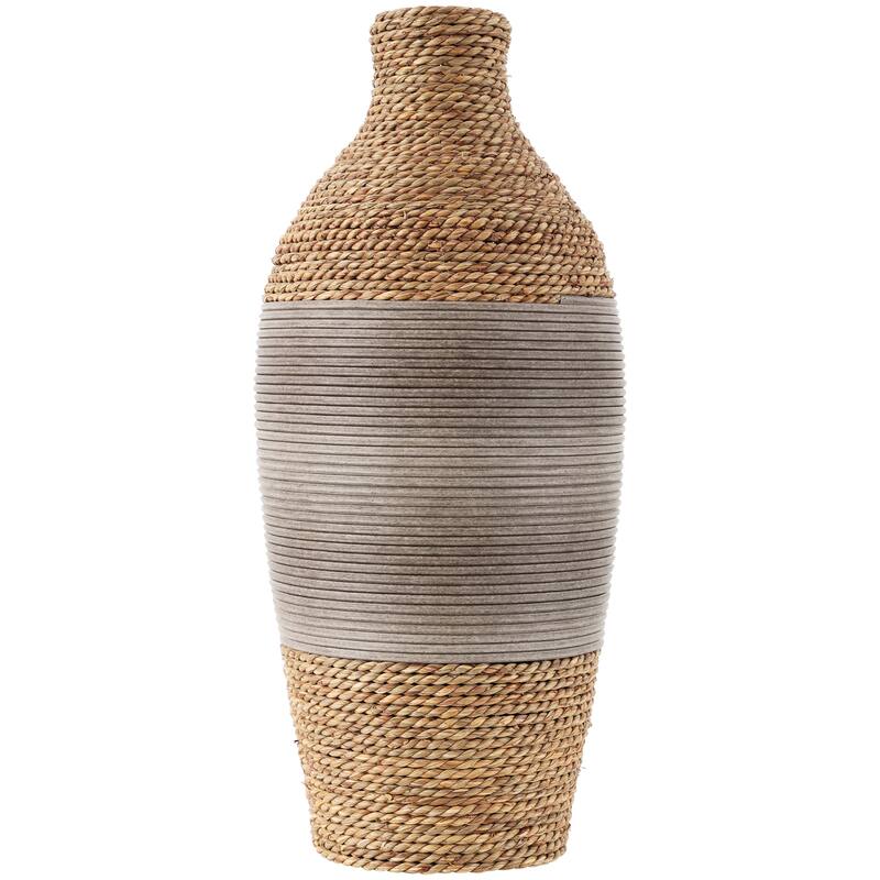 Brown Seagrass Handmade Rounded Wrapped Decorative Vase with Layered Gray Paneling
