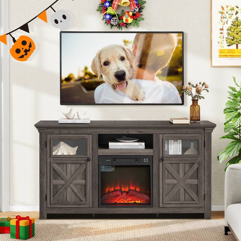 58-60" Fireplace TV Stand for 55-65" TVs w/ 18-23" Insert Farmhouse/Modern/Rustic Barn/Glass Doors Espresso/Grey/Brown/White Oak