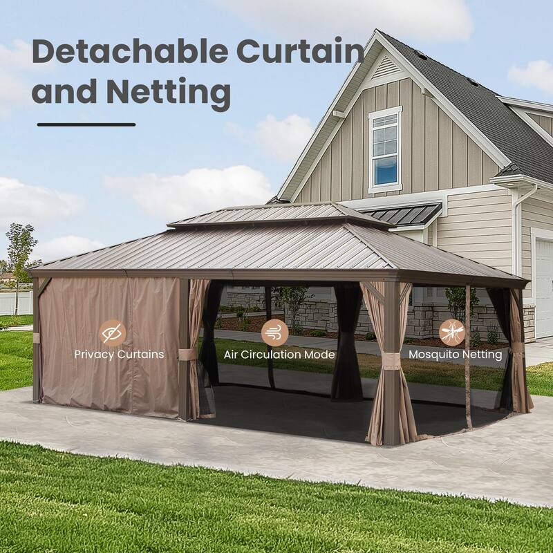 14' X 22' Hardtop Gazebo with Drainage System, Galvanized Steel Roof, Curtains & Netting for Outdoor Patio, Garden Shelter
