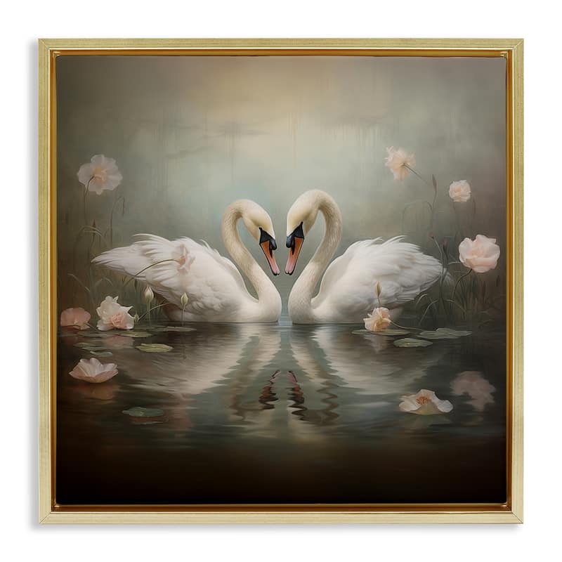 Stupell Romantic Swans in Floral Pond Framed Floater Canvas Wall Art Design By Arlington Prints - 25 x 25 - Gold
