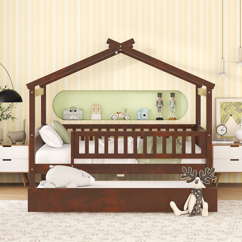 Montessori Bed House Bed with Trundle Bed and Headboard, Wood Daybed Platform Bed Frame No Box Spring Needed for Boys Girls