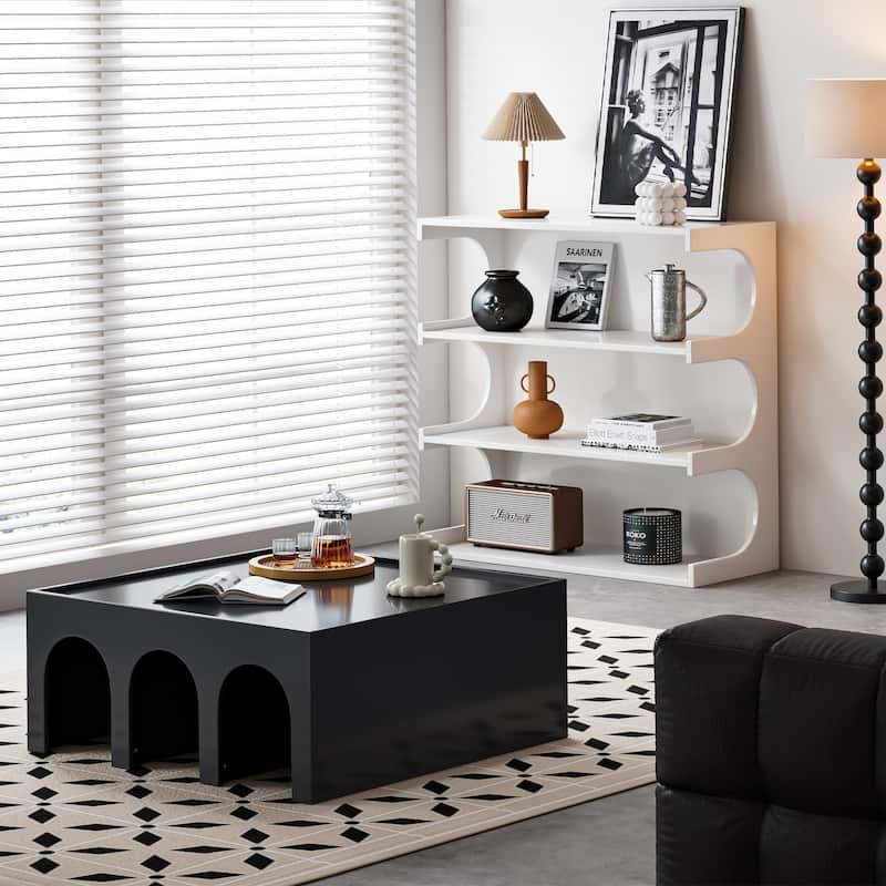 Multifunctional 4-Tier Black Book Shelf & Coffee Table,Creative Furniture Floor Bookshelf,Minimalist Organizer Storage Shelves