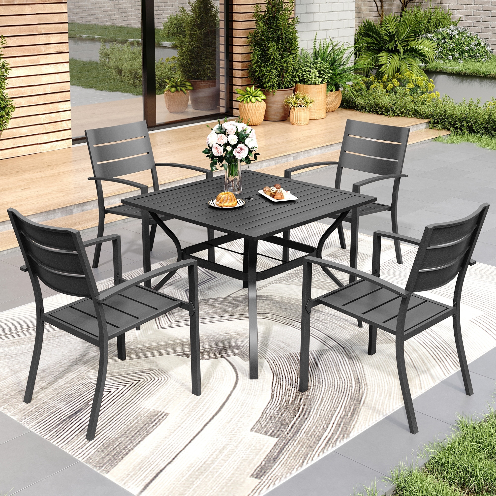 MAISON ARTS Outdoor 5 Pieces Dining Set Metal Table with Umbrella Hole & Stackable Patio Dining Chairs
