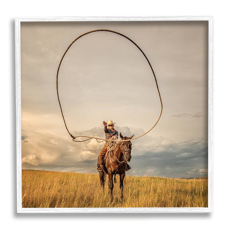 Stupell Cowboy Throwing Lasso Framed Giclee Art Design by PBurchettePhoto - 24 x 24 - White