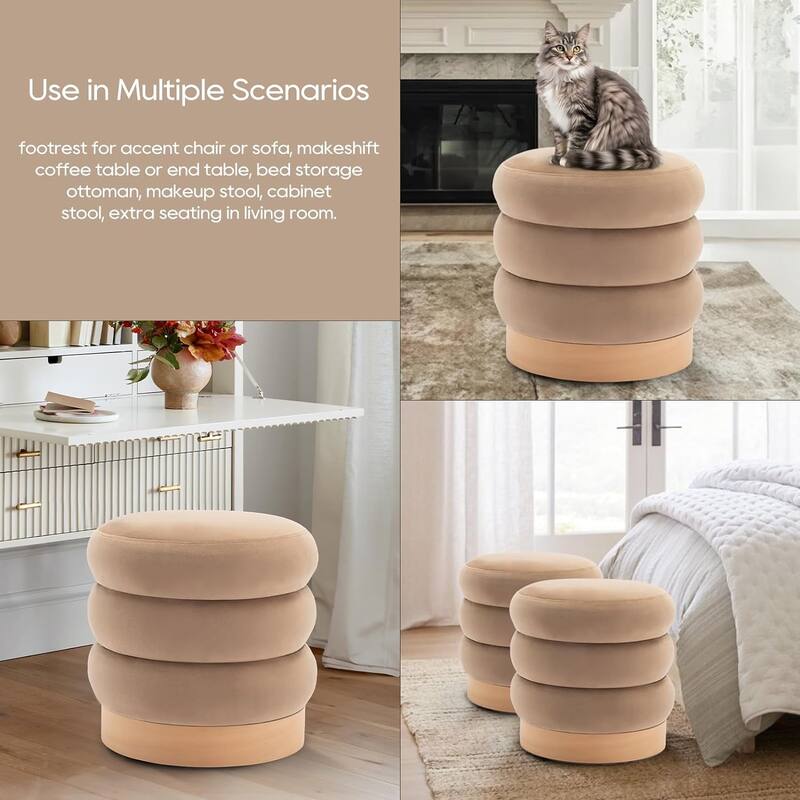 Modern Velvet Tufted Ottoman Footstool with Wood Base