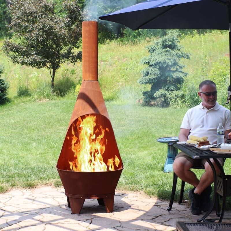 75-Inch Chiminea Wood-Burning Fire Pit Steel with Oxidized Finish