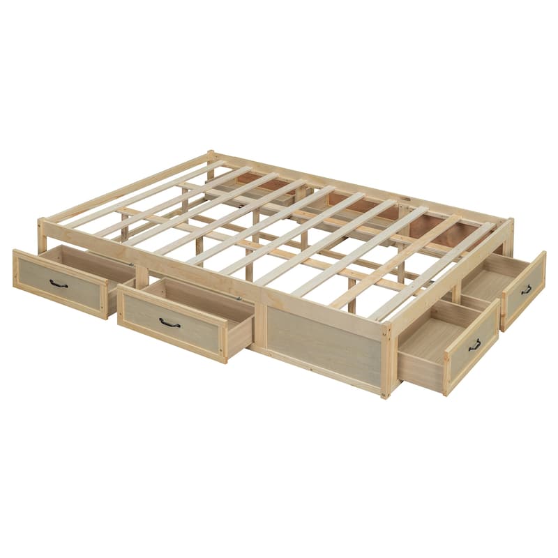 Queen Size Platform Bed Frame with 6 Built-In Storage Drawers, No Headboard, Low Profile Design in Antique