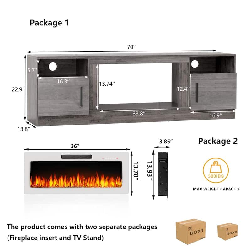 Bossin 70" Fireplace TV Stand with 36" Electric Fireplace, TV Stand for TVs Up to 80", 16 Colors LED Lights/Entertainment Center