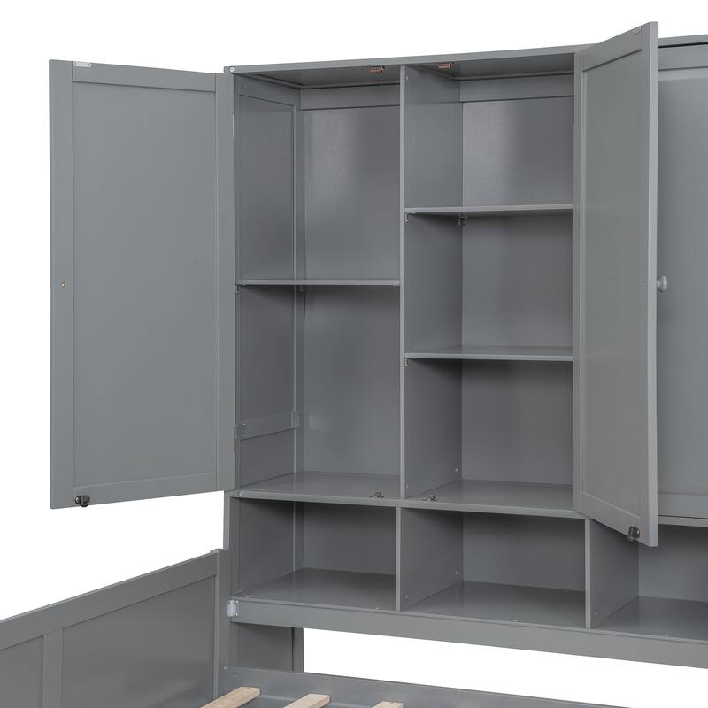 Versatile Full Size Daybed With Desk & Shelves, Space-Saving Wooden Storage Platform Frame with 3 Drawers and All-in-One Cabinet