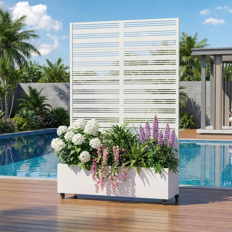 Outdoor Metal Galvanized Privacy Screen Planter Box with Trellis Lockable Wheels