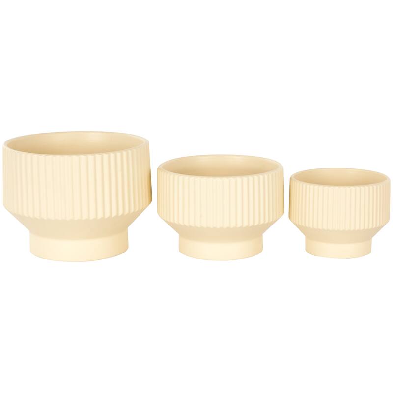 Green, Cream or White Ceramic Wide Planter with Linear Grooves and Tapered Bases (Set of 3)