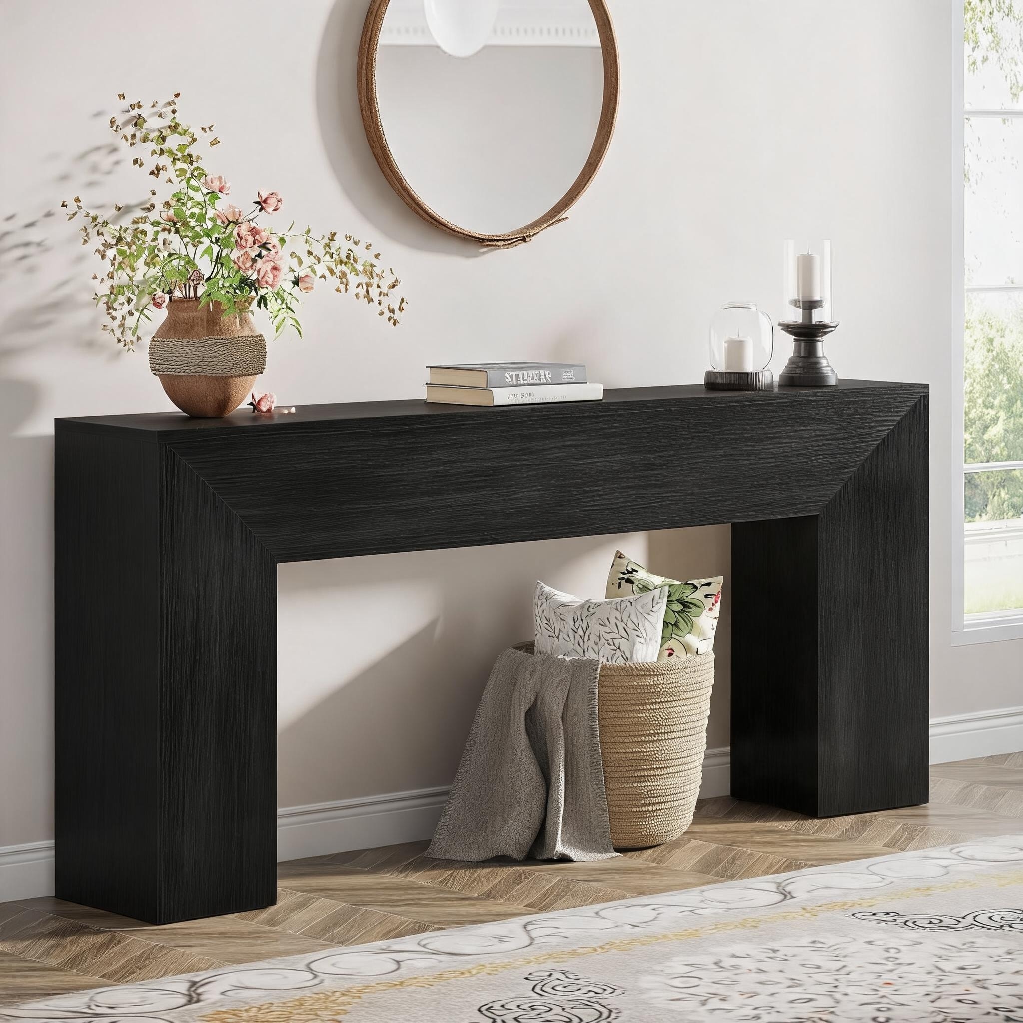 Farmhouse Black Console Table, Wood Sofa Table Behind Couch