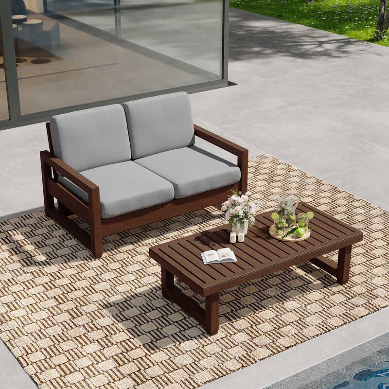 Outdoor Patio Loveseat Table Set Teak Wood with Cushion