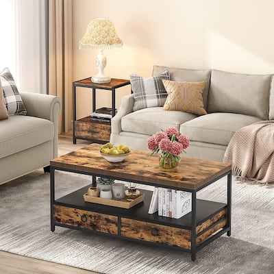 Mid-Century Coffee Table with Open Storage and Cabinet for Living Room