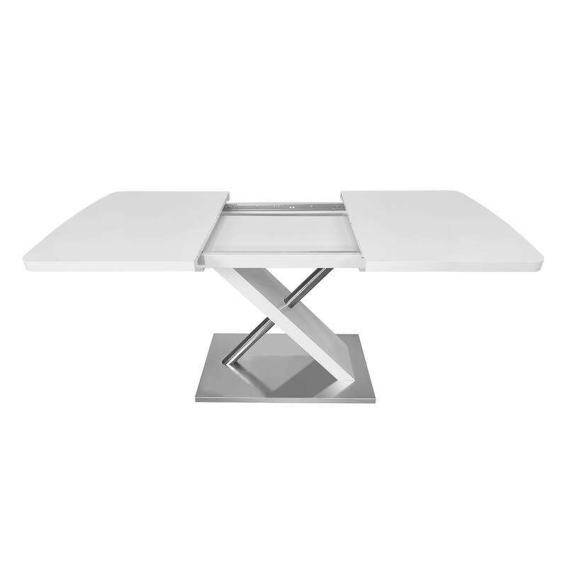 Modern Square Dining Table, Stretchable, with X-Shape Table Leg with Metal Base