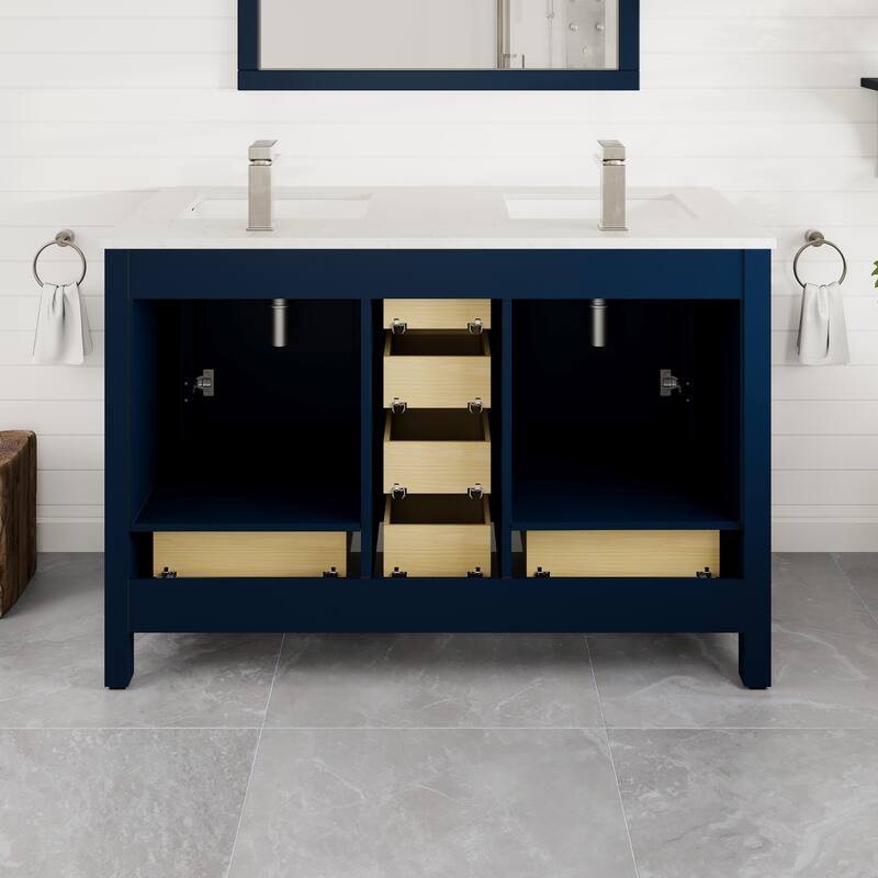 London 48"W Blue DS Bath Vanity with Carrara Quartz Top & Porcelain Sink