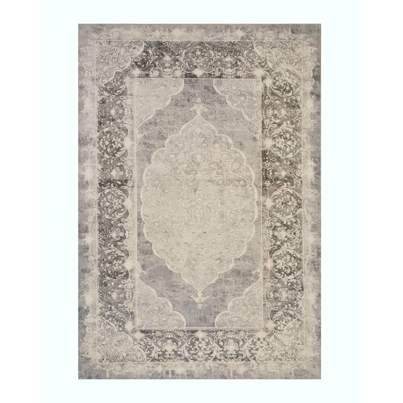 Gray Machine-Made Polyester Traditional Distressed Medallion Rug, 5'3 x 7'6 - Sleek durable rug with modern vintage appeal.