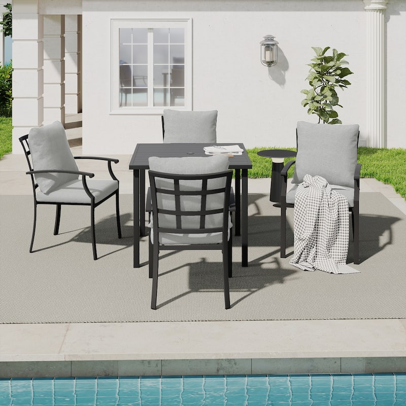 IvyGlow 5-Piece Black Metal Patio Dining Set with Square Table and Gray Cushions - Grey
