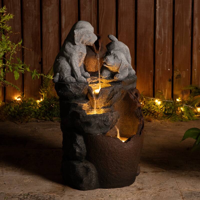 Glitzhome 4-Tiered Dogs or Elephant and Pot Polyresin Outdoor Fountain with Pump and LED Light