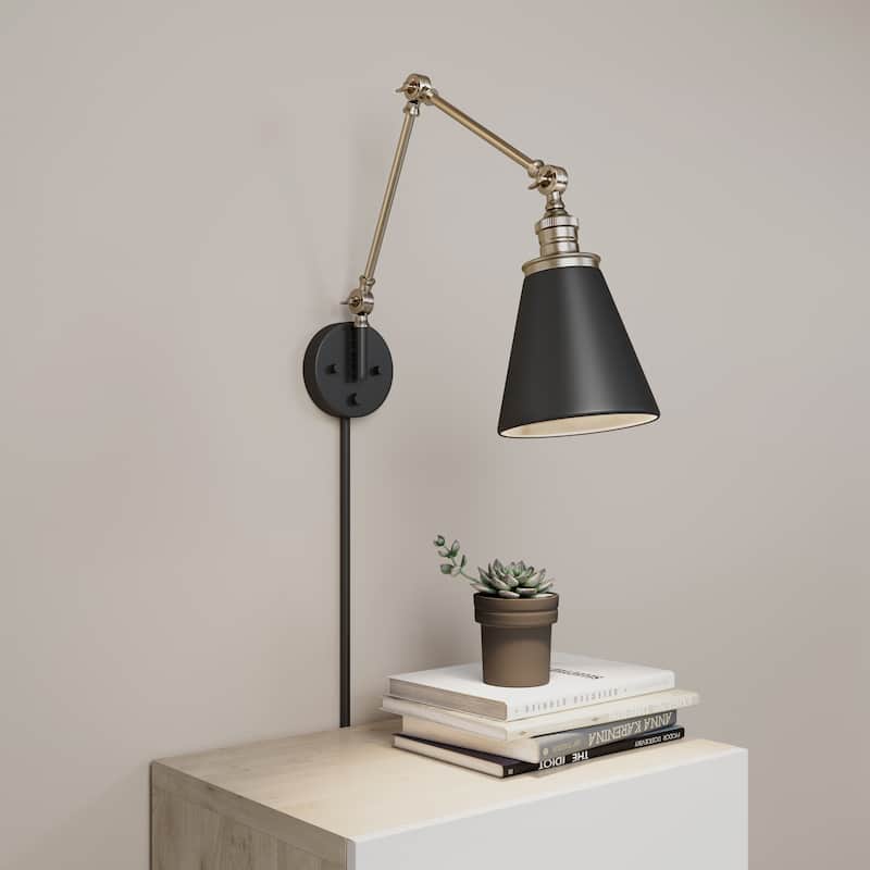 Evonne 1-Light Swing Arm Sconce Light - Matte Black/Vintage Brass