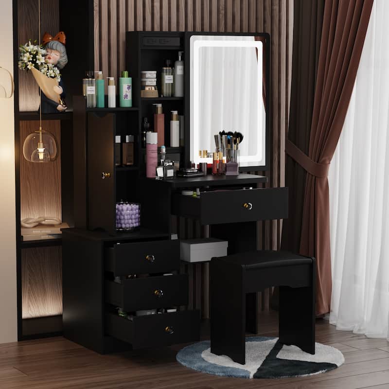 Makeup Vanity Set with Sliding Lighted Mirror & Stool - Hidden Shelves - 33"L x 15.7"W x 52.4"H - Black