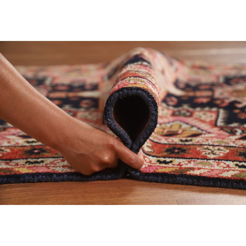 Hand Knotted Oriental 100% Wool Carpet Traditional Geometric Navy Blue & Blues Heriz (serapi) Area Rug - 5' 10'' X 3' 11''