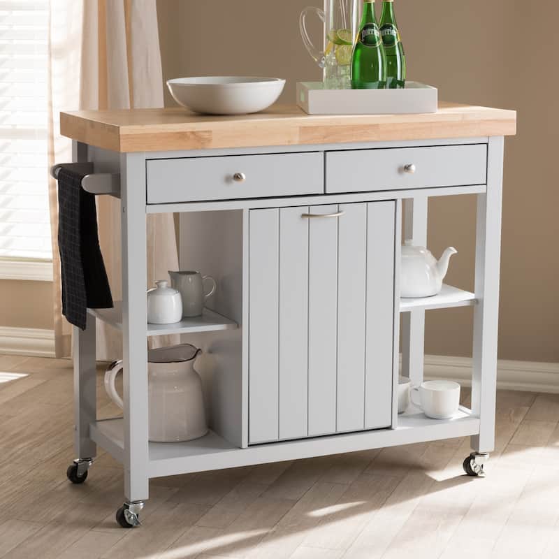 Kitchen Cart with Storage - Light Grey Wood Rolling Island, Farmhouse Style, 4 Shelves, 2 Drawers
