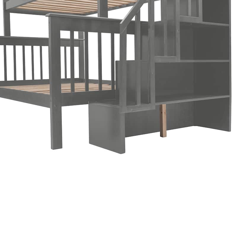 Gray Twin-Over-Full Pine Bunk Bed with Staircase and Drawer