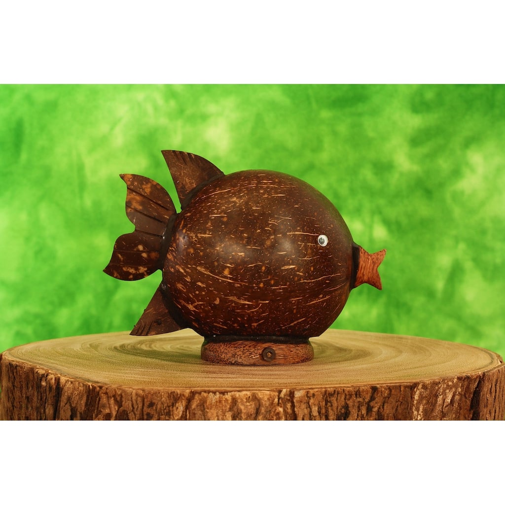 Unique Handmade Coconut Shell Wood Cute Fish Coin Piggy Bank Handcrafted Wooden Hand Carved Keepsake Saving Money