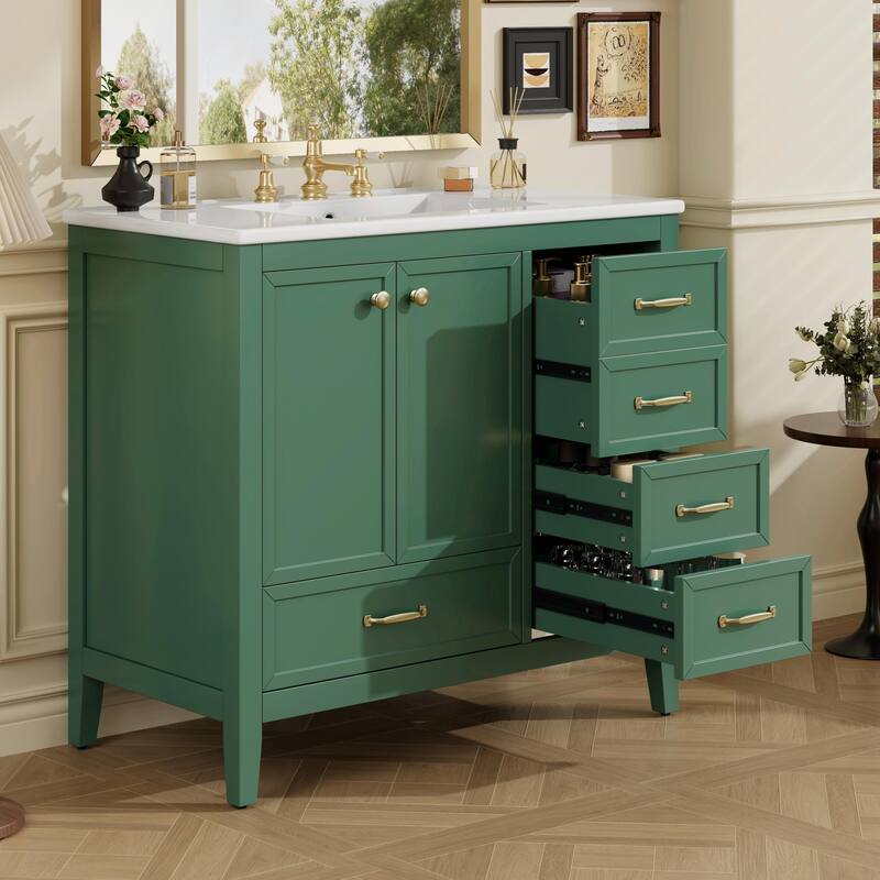 36" Bathroom Vanity with Sink, Cabinet with Soft-Closing Door, 4 Drawers in Varying Sizes - Green
