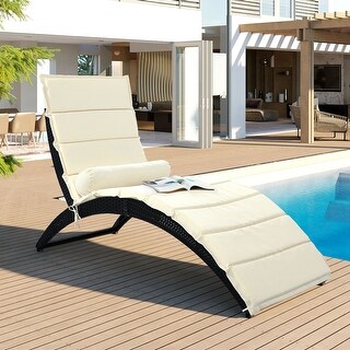 Patio Wicker Sun Lounger Rattan Foldable Chaise Lounger with Cushion