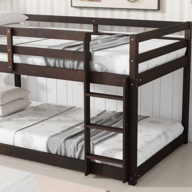Wooden Twin over Twin Floor Bunk Bed with Ladder, with Bed Platform of Strengthened Slats