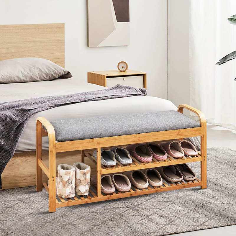 Shoe Rack Bench Entryway 3-Tier Bamboo Shoe Organizer with Cushion