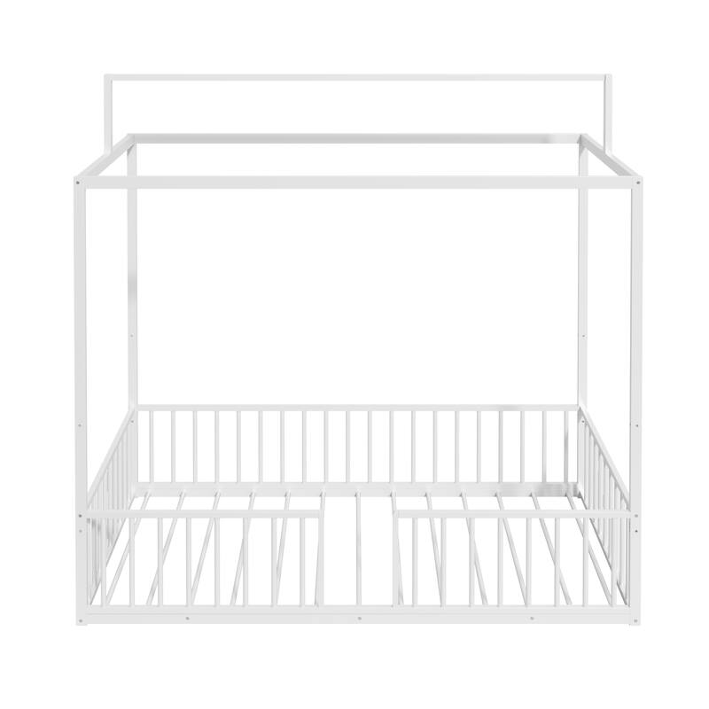 3-in-1 Convertible Metal Bed for Kids, Toddler Floor Bed, Fenced Bed and Montessori Elevated Bed with House-shaped Frame