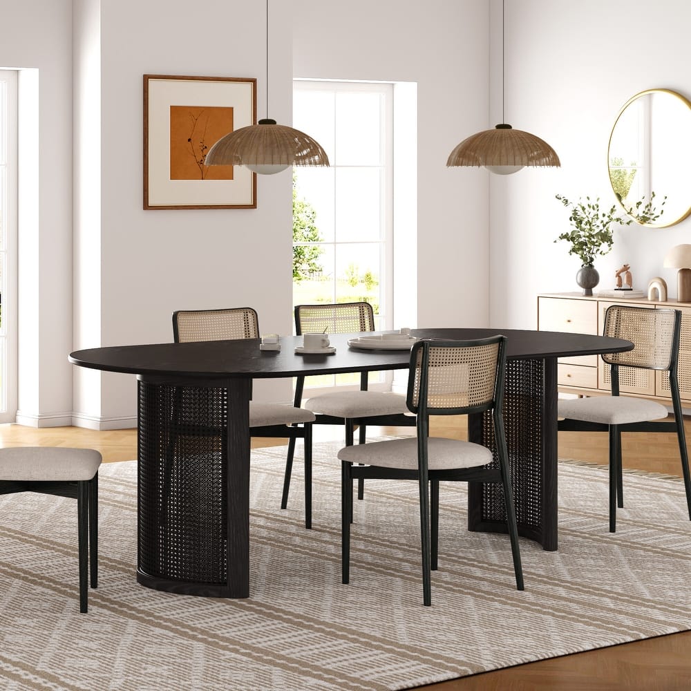 Oval Dining Table with Arc-Shaped Edge Top and Rattan Woven Base Modern Farmhouse Kitchen Table for Living Room Dining Room