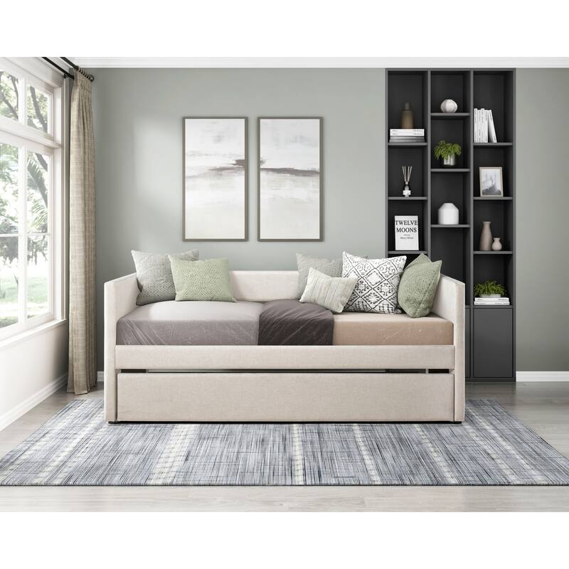 1pc Daybed with Trundle Beige Fabric Upholstery Wooden Frame
