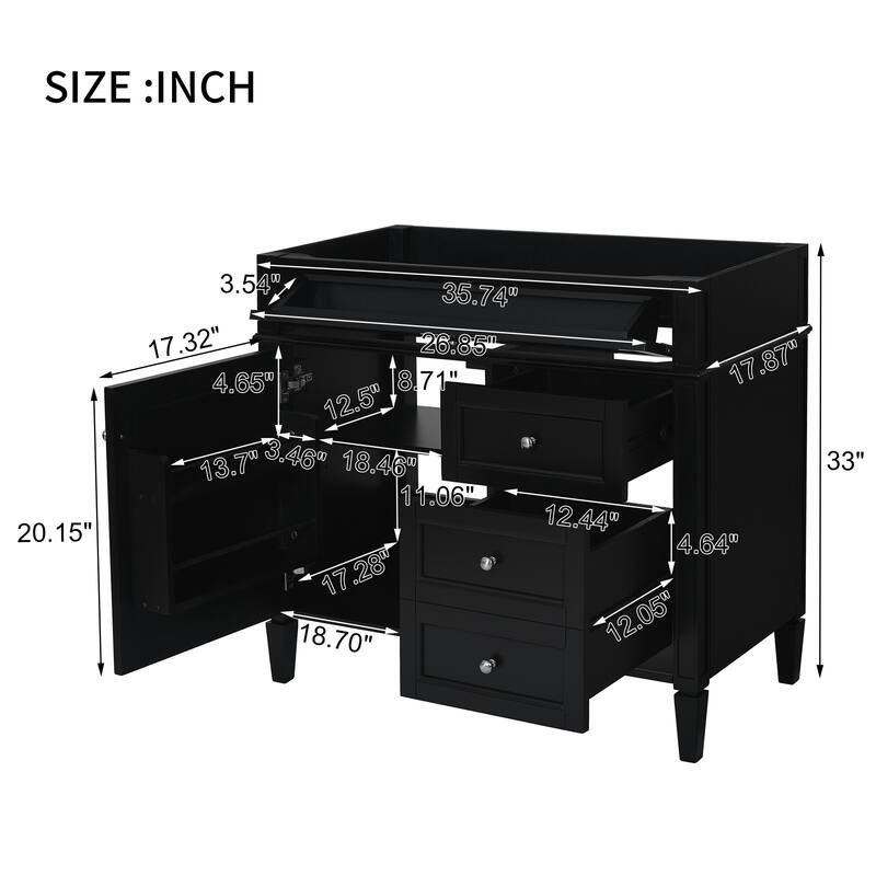 36'' Bathroom Vanity without Top Sink, Modern Bathroom Storage Cabinet with 2 Drawers and a Tip-out Drawer, Solid Wood Frame