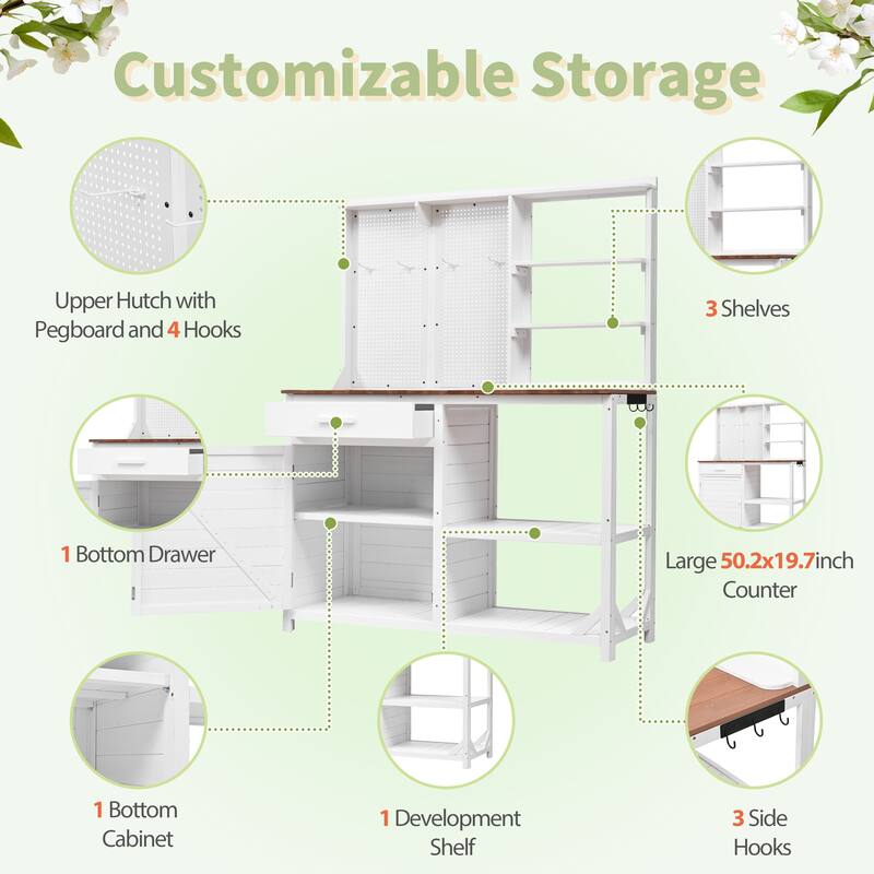 Outdoor Wood Potting Bench with Pegboard, Cabinet & Shelves, Garden Work Table with Hooks and Drawer - White