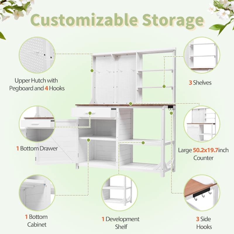 Roomfitters Fir Wood Potting Bench with Hutch, 4 Shelves, storage units, Cabinet & Pegboard Hooks, Outdoor Garden Work Table