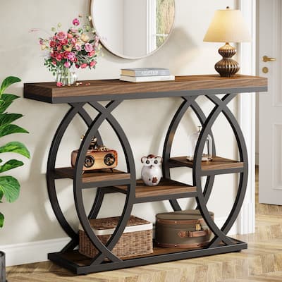 Industrial Console Table, 4-Tier Sofa Table with Geometric Metal Frame