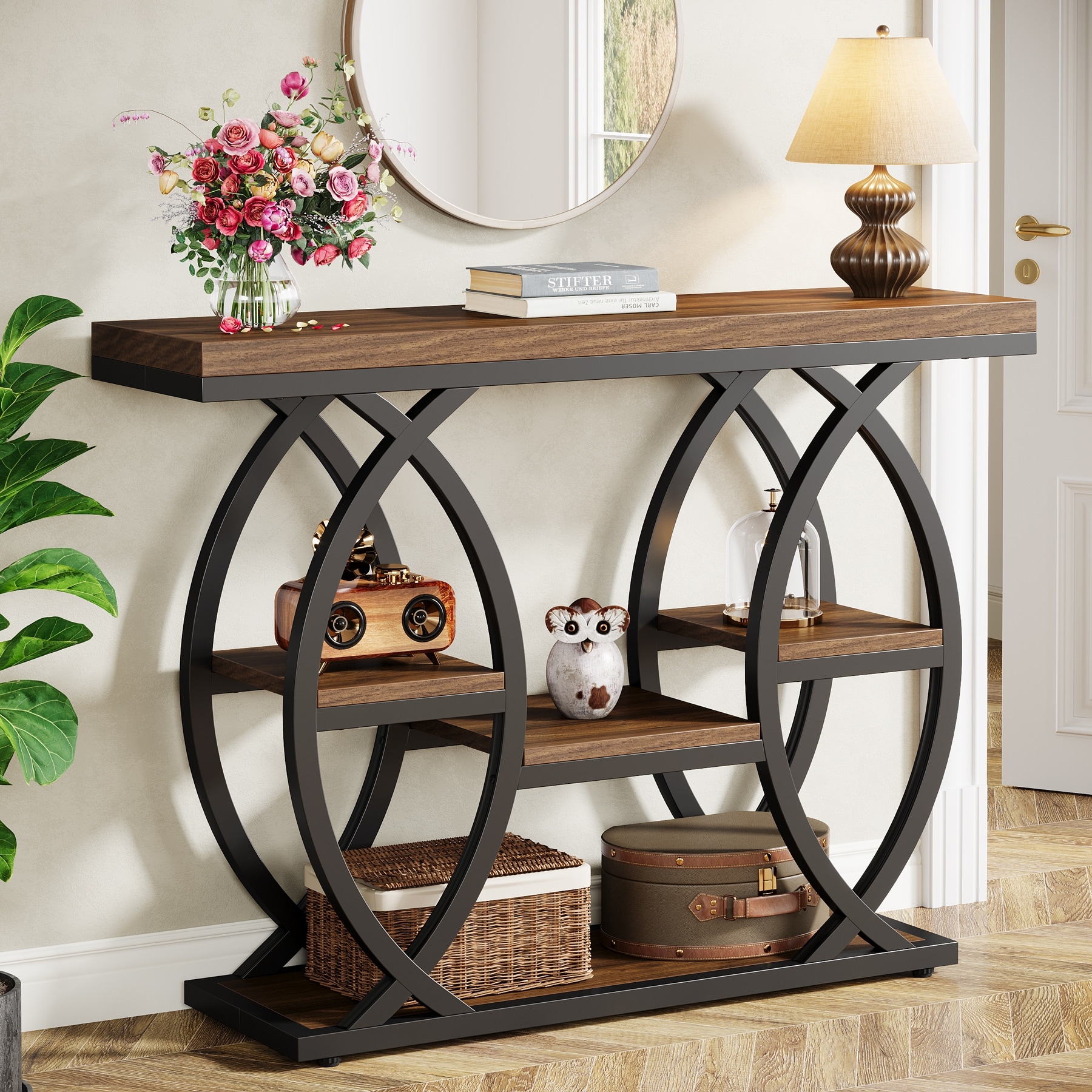 39.4" Console Table with Storage Shelves, Industrial 4-tier Sofa Table for Living Room