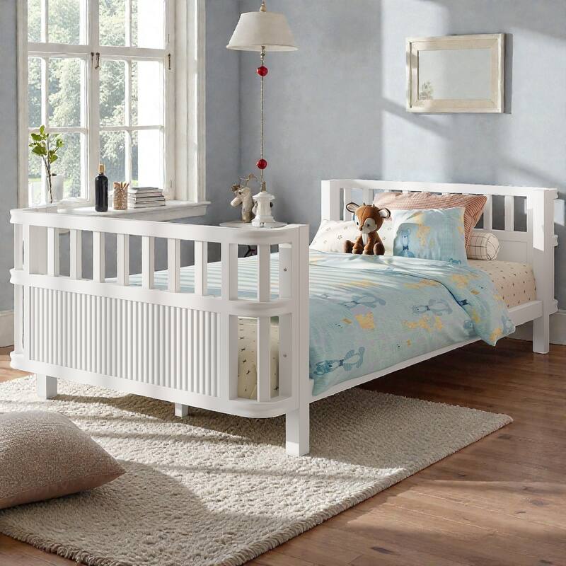 Kids Metal and Wood Platform Bed with Safety Rails, Low Profile Twin Full Children Bed for Boys and Girls