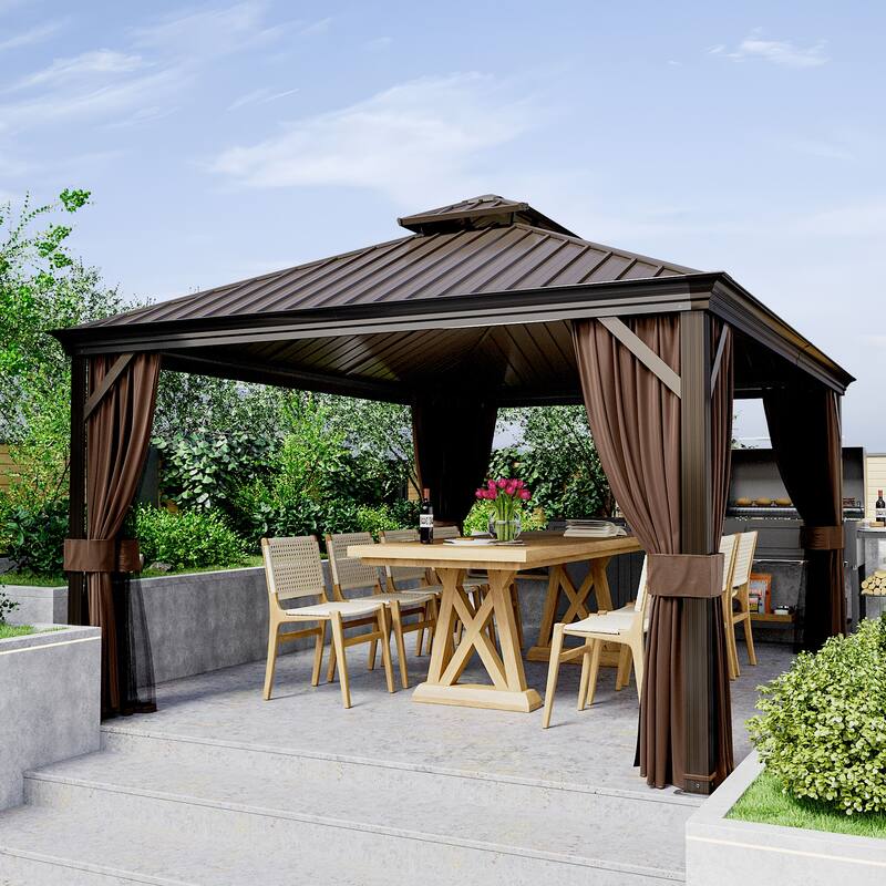 12x16ft Outdoor Double-Roof Aluminum Gazebo with Curtains and Mosquito Netting