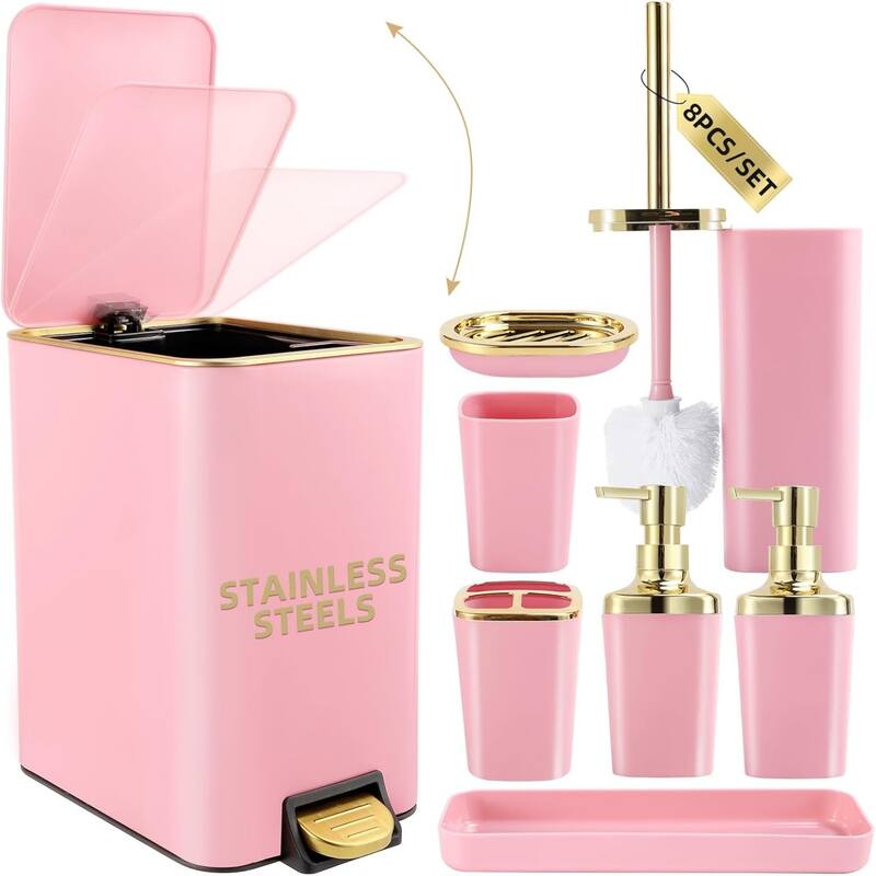 8-piece bathroom set with stainless steel trash can, toilet brush, toothbrush set, soap dispenser - Pink